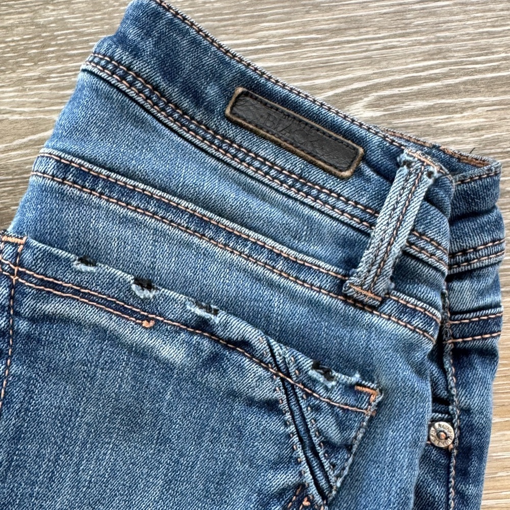 BUCKLE BLACK dark faded blue flare jeans with button fly
